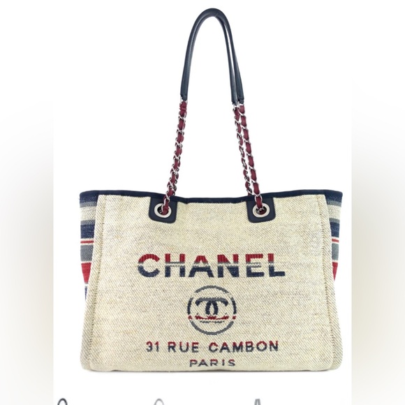 CHANEL Handbags - CHANEL Deauville Small Canvas Shopping Tote Bag Cream Multicolor Sides Authentic
